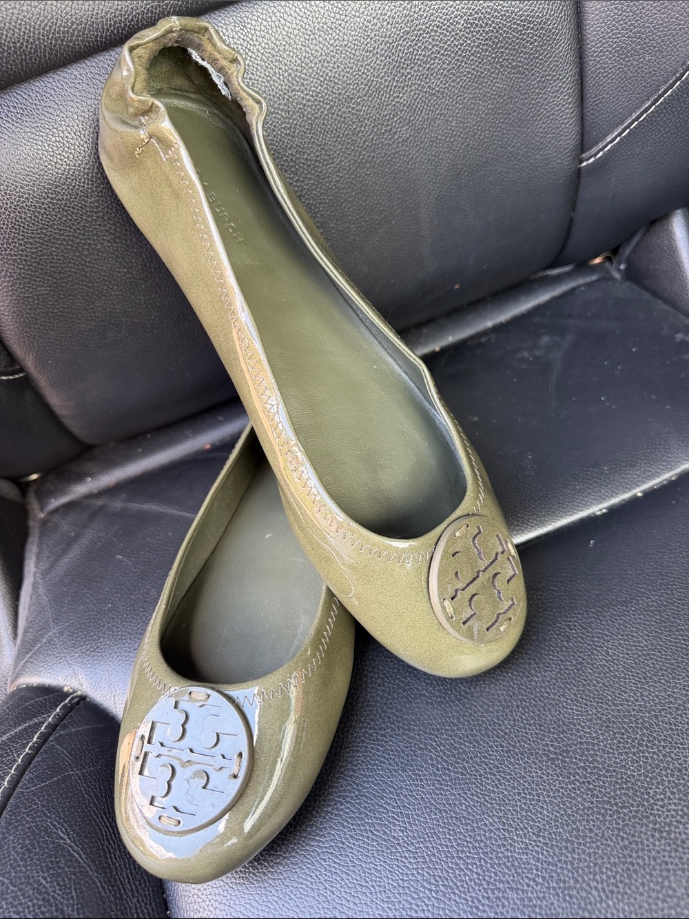 Tory Burch Olive Green Patent-Tip Ballet Flats with Logo Medallion